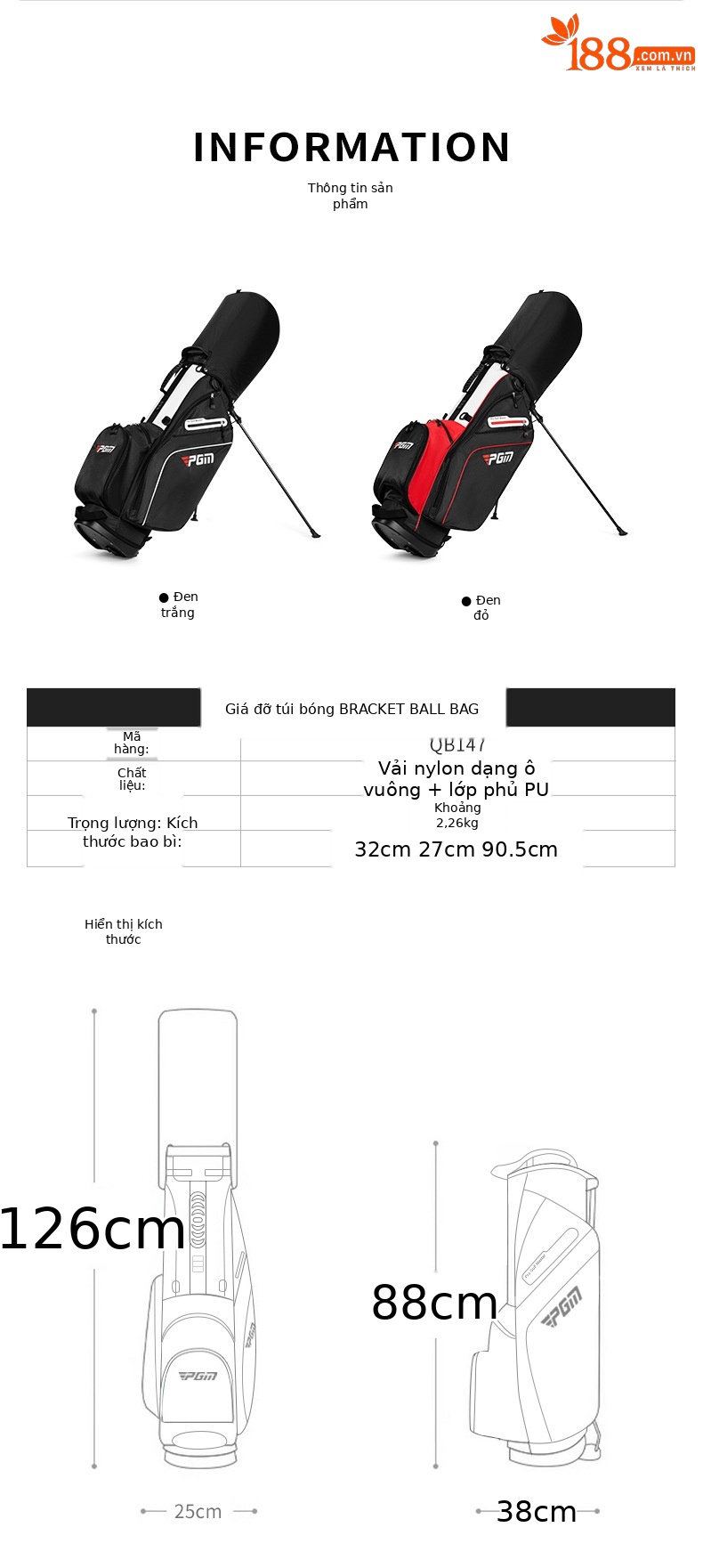Túi đựng gậy golf PGM siêu nhẹ có chân đế, cao 126 cm, 14 ngăn — QB147-Đen trắng, QB147-Đen đỏ chi tiết 2