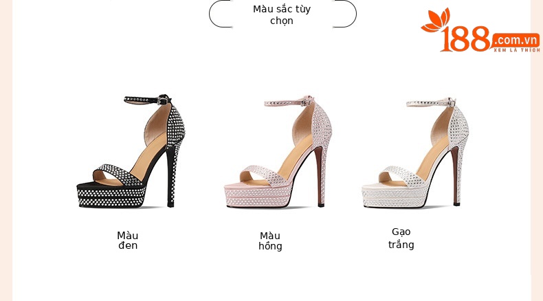 Sandal cao gót nữ đính đá phong cách châu Âu, đế dày platform, gót siêu cao 12 cm — Màu đen chi tiết 2