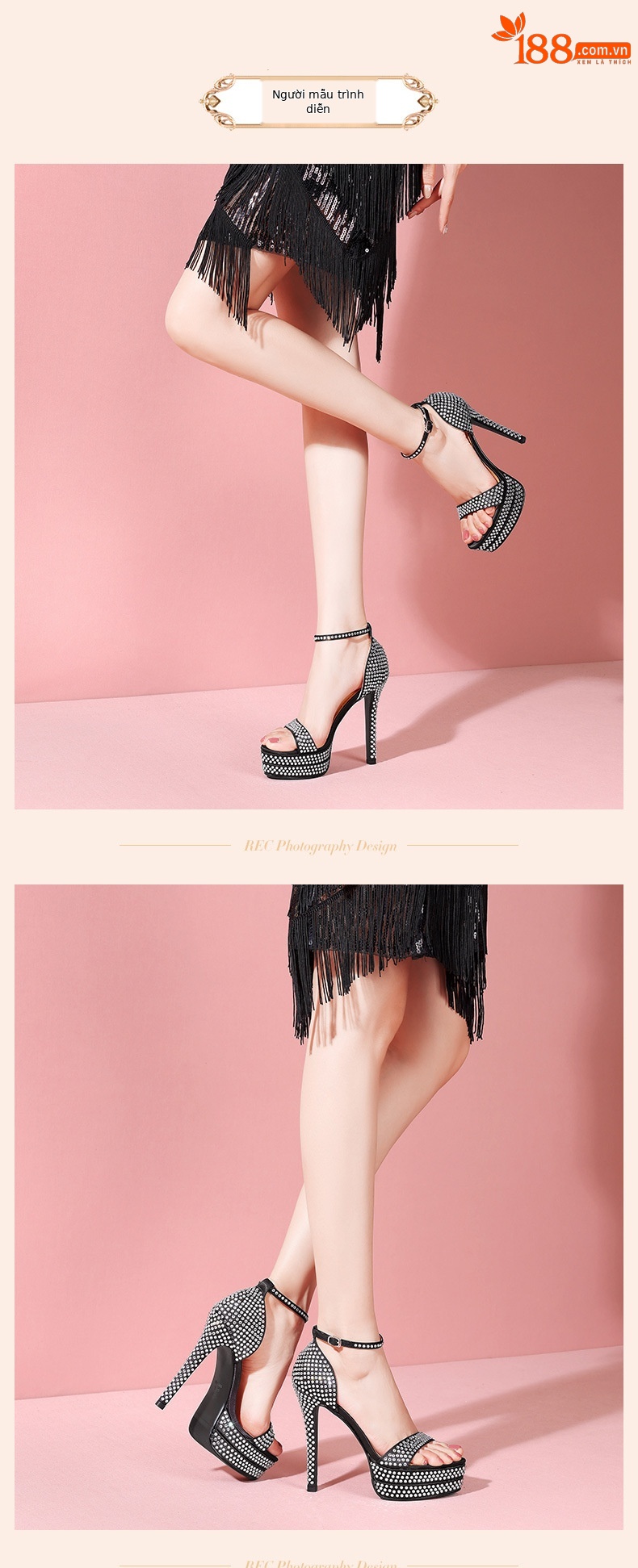 Sandal cao gót nữ đính đá phong cách châu Âu, đế dày platform, gót siêu cao 12 cm — Màu đen chi tiết 9