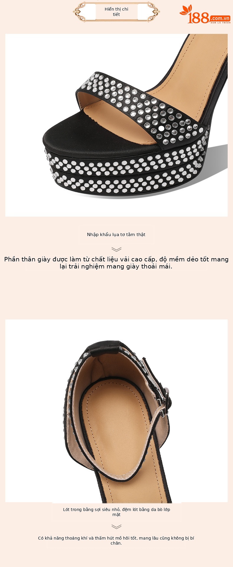 Sandal cao gót nữ đính đá phong cách châu Âu, đế dày platform, gót siêu cao 12 cm — Màu đen chi tiết 7