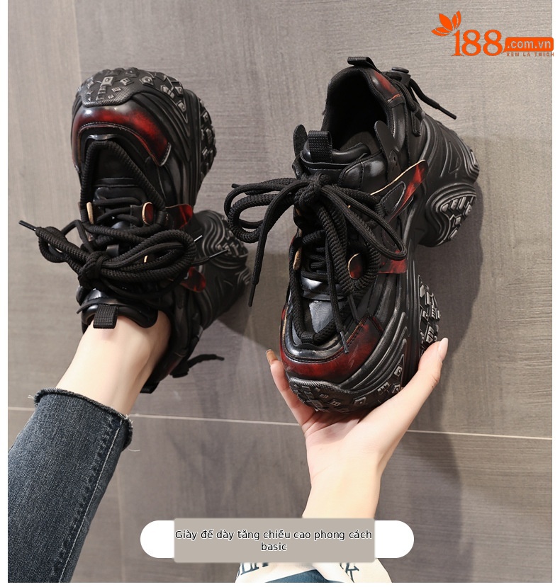 Giày thể thao nữ đế dày tăng chiều cao phong cách chunky — Đen đỏ chi tiết 1