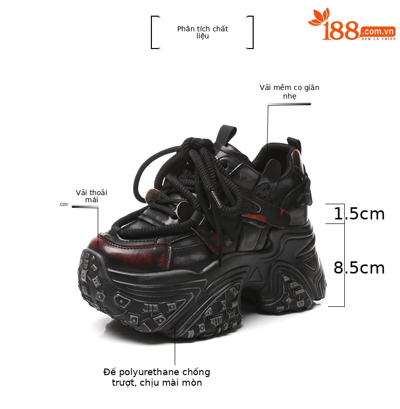 Giày thể thao nữ đế dày tăng chiều cao phong cách chunky — Đen đỏ chi tiết 3
