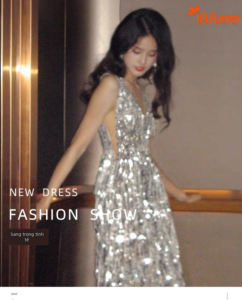 Đầm dạ hội nữ đính sequin và tua rua phong cách Pháp — Màu trắng bạc chi tiết 1