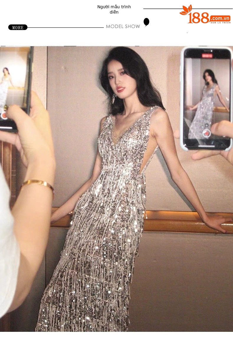 Đầm dạ hội nữ đính sequin và tua rua phong cách Pháp — Màu trắng bạc chi tiết 6