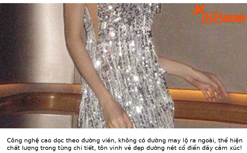 Đầm dạ hội nữ đính sequin và tua rua phong cách Pháp — Màu trắng bạc chi tiết 14