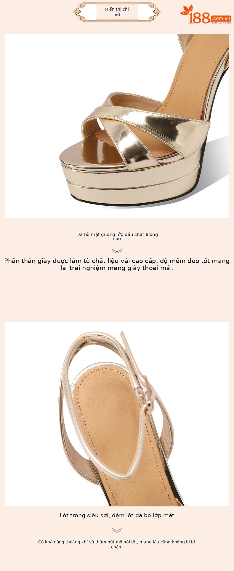Sandal cao gót nữ hở mũi gót nhọn 12 cm đế platform 4 cm da thật — Màu vàng chi tiết 6