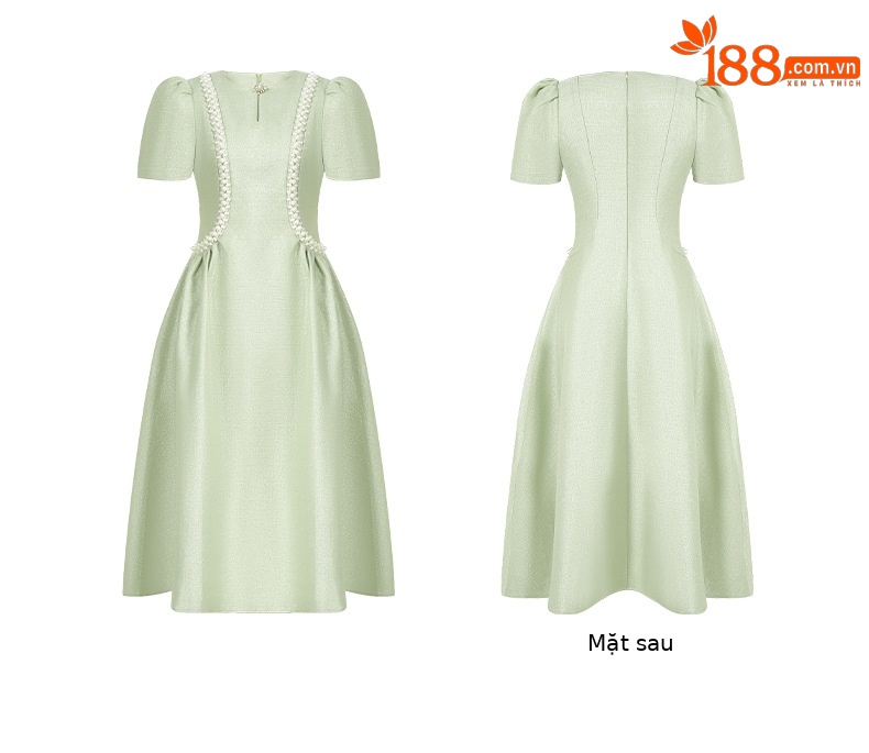Đầm maxi nữ cổ tròn đính đá thắt eo xòe dáng dài — Xanh bạc hà chi tiết 2