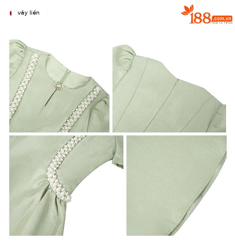 Đầm maxi nữ cổ tròn đính đá thắt eo xòe dáng dài — Xanh bạc hà chi tiết 3
