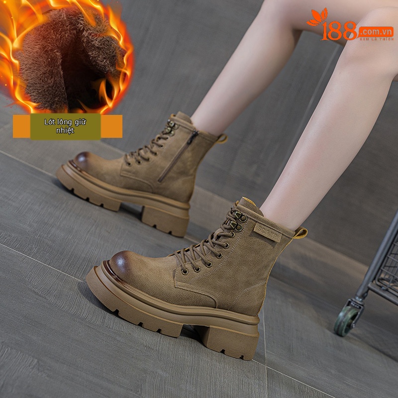 Giày boot Martin da đế dày cổ ngắn mũi rộng phong cách retro — M2633 màu vàng một lớp lót trong, M2633-1 vàng lót nhung, M2633-1 kaki lót nhung, M2633 kaki một lớp bên trong