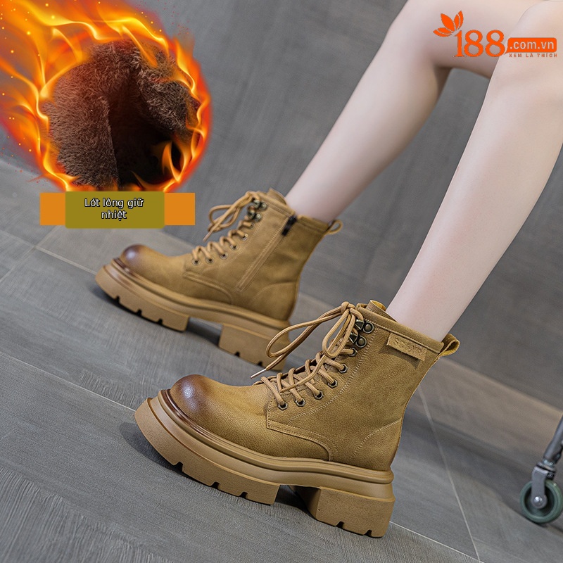 Giày boot Martin da đế dày cổ ngắn mũi rộng phong cách retro — M2633 màu vàng một lớp lót trong, M2633-1 vàng lót nhung, M2633-1 kaki lót nhung, M2633 kaki một lớp bên trong chi tiết 12