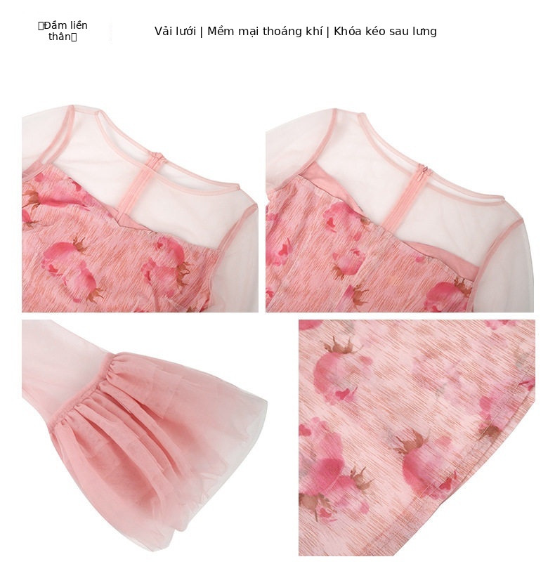 Đầm ôm body nữ tay loe họa tiết hoa phong cách Pháp — [Hồng] chi tiết 1
