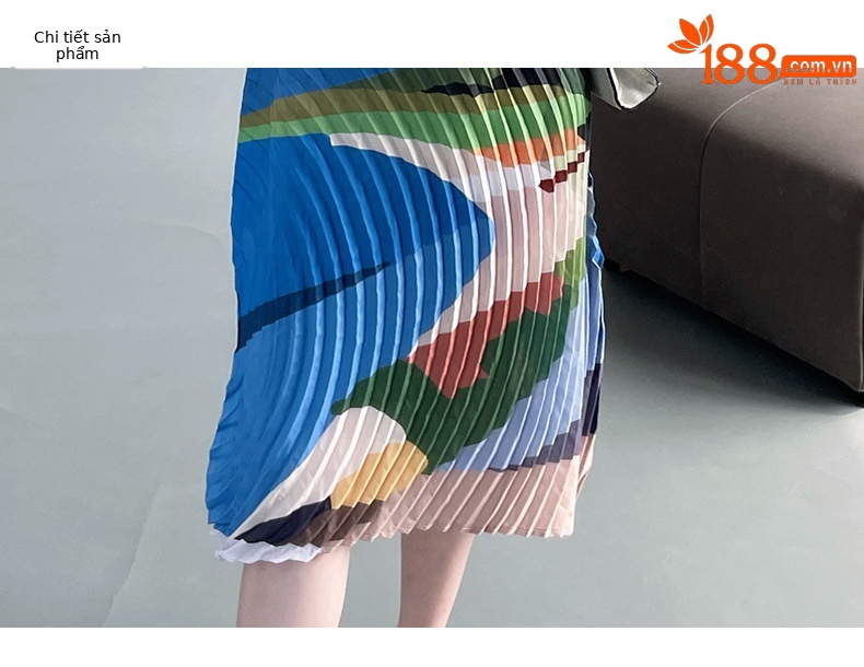 Váy maxi xếp ly in họa tiết hai dây dáng rộng thanh lịch — Màu xanh lam chi tiết 4