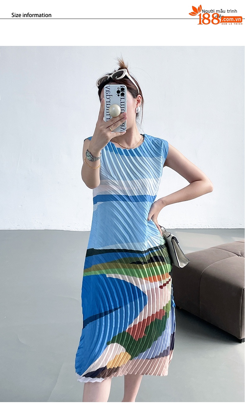 Váy maxi xếp ly in họa tiết hai dây dáng rộng thanh lịch — Màu xanh lam chi tiết 6