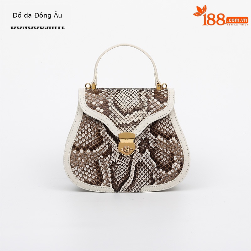 Túi xách nữ da trăn cao cấp tinh tế, kiểu dáng xách tay, đeo vai, đeo chéo mùa hè (22×8.5×7.5 cm) — Mặt sau da màu hồng xanh vàng khóa vàng, khóa vàng xanh, Khóa vàng xanh lam