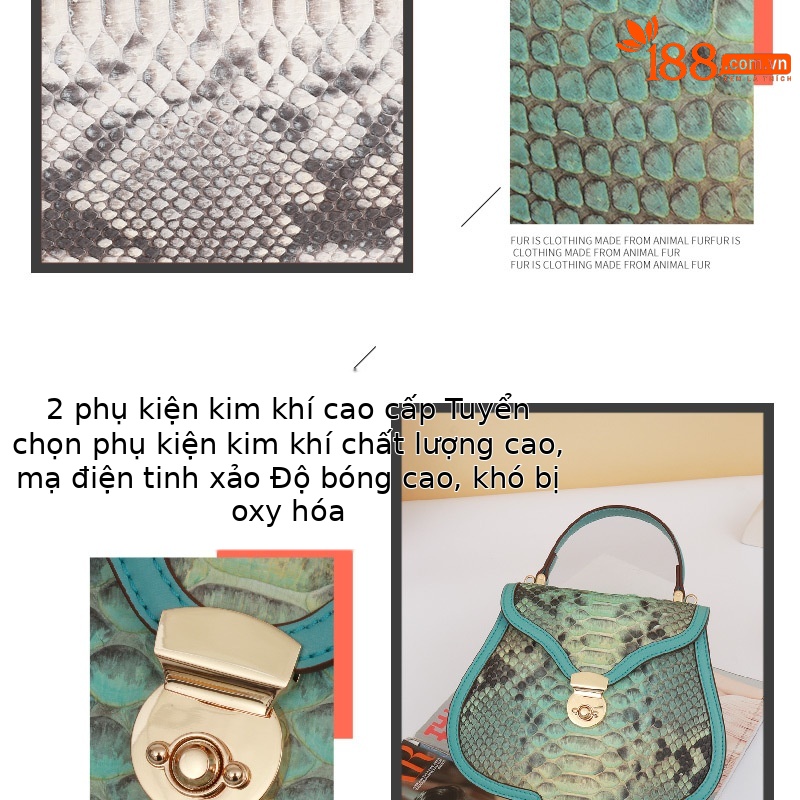 Túi xách nữ da trăn cao cấp tinh tế, kiểu dáng xách tay, đeo vai, đeo chéo mùa hè (22×8.5×7.5 cm) — Mặt sau da màu hồng xanh vàng khóa vàng, khóa vàng xanh, Khóa vàng xanh lam chi tiết 12
