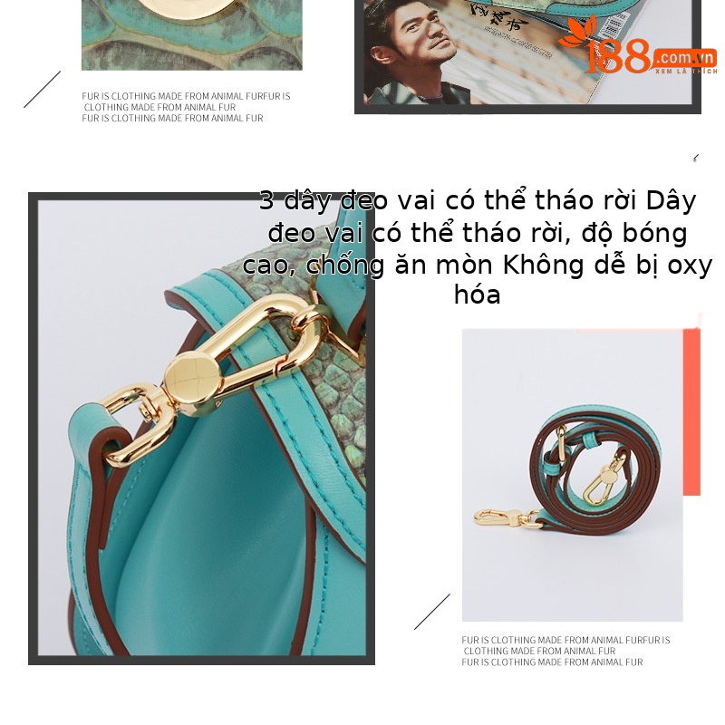 Túi xách nữ da trăn cao cấp tinh tế, kiểu dáng xách tay, đeo vai, đeo chéo mùa hè (22×8.5×7.5 cm) — Mặt sau da màu hồng xanh vàng khóa vàng, khóa vàng xanh, Khóa vàng xanh lam chi tiết 13