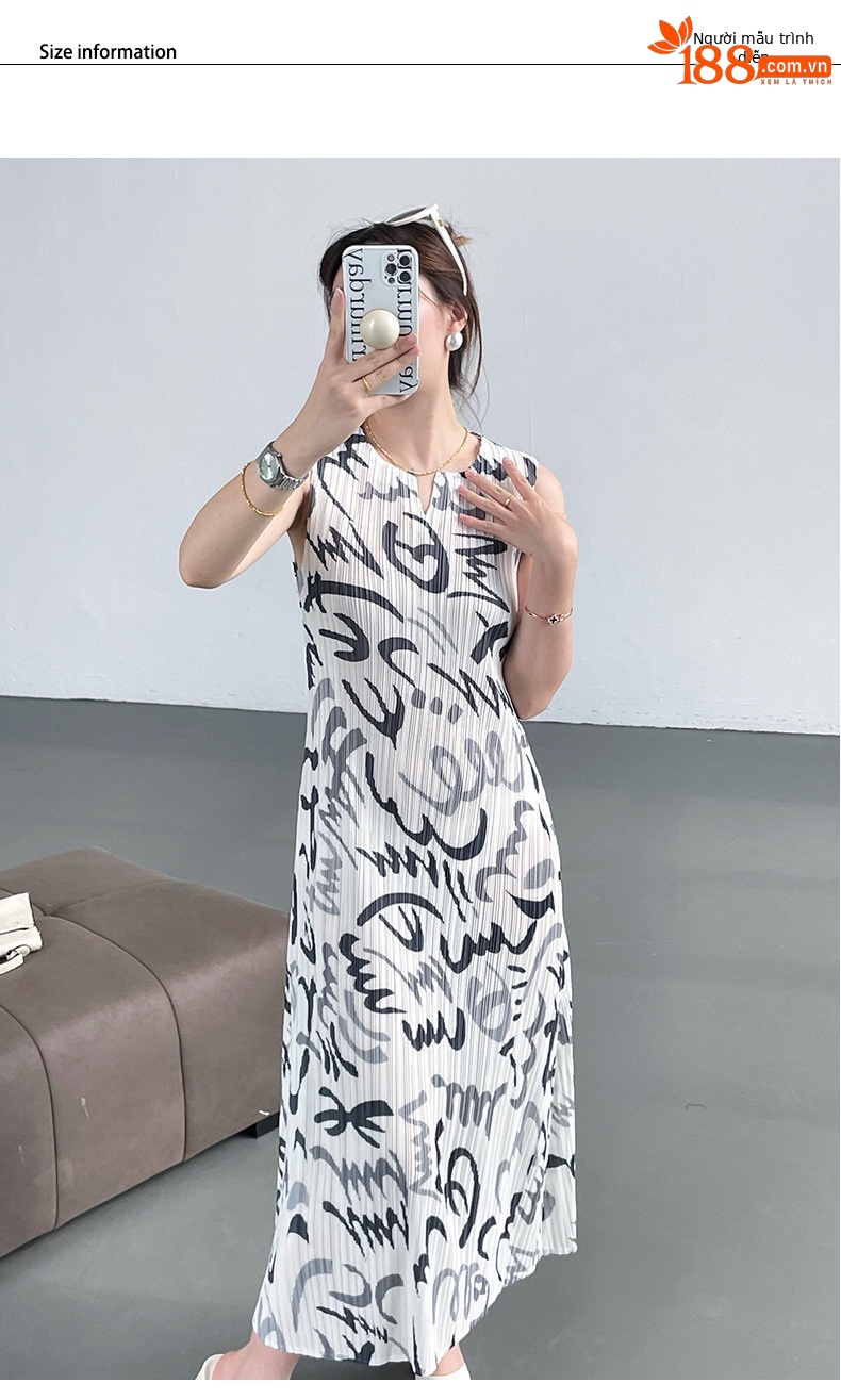 Váy liền ba lỗ xếp ly họa tiết dọc graffiti tương phản phong cách Nhật Bản mùa hè — Phối đen trắng chi tiết 5