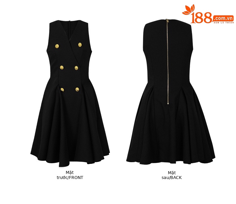 Đầm midi cổ chữ V hai hàng khuy xếp nếp thắt eo kiểu Hepburn — Màu đen chi tiết 3