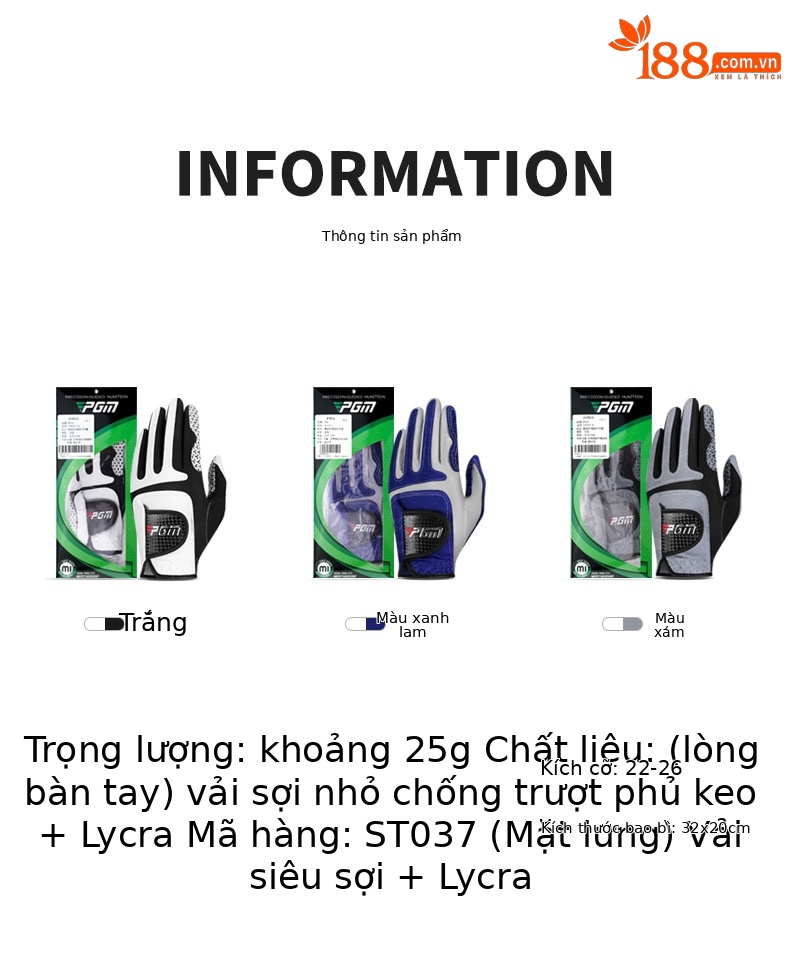 Găng tay chơi gôn PGM đàn hồi thần kỳ vải sợi nhỏ thoáng khí chống trượt dành cho nam (tay trái hoặc tay phải) — Cỡ 22 chi tiết 10