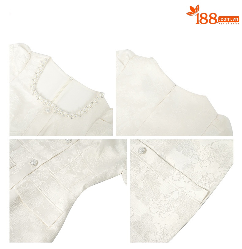 Đầm ngắn tay cổ vuông thắt eo vải satin jacquard thiết kế kiểu Pháp — sâm panh chi tiết 1