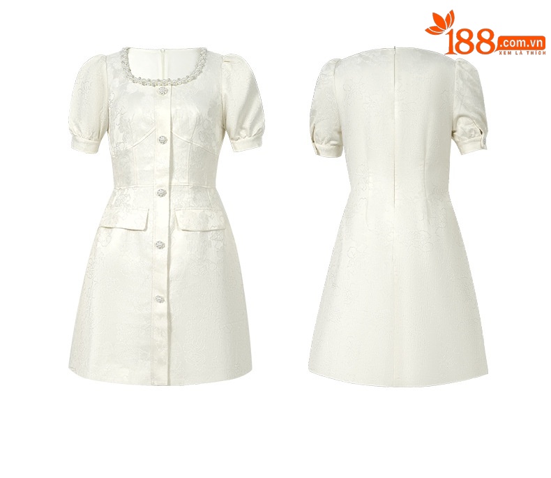 Đầm ngắn tay cổ vuông thắt eo vải satin jacquard thiết kế kiểu Pháp — sâm panh chi tiết 2