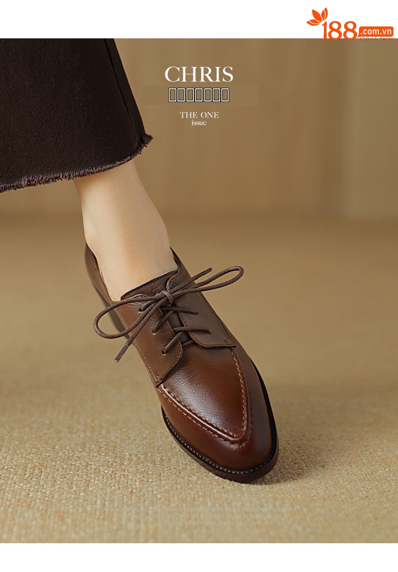 Giày da nữ cổ điển mũi nhọn buộc dây gót vuông 5 cm phong cách Anh — Màu nâu chi tiết 2