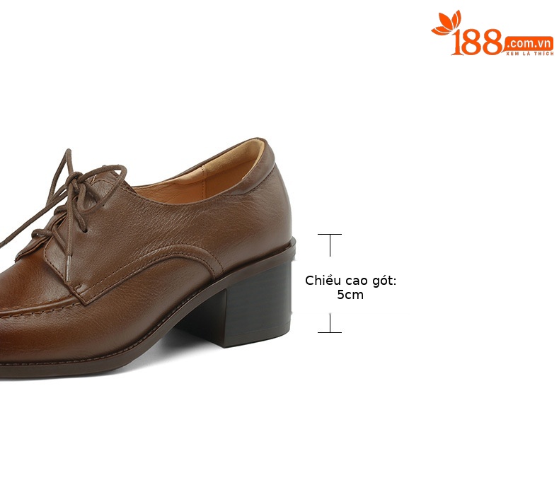 Giày da nữ cổ điển mũi nhọn buộc dây gót vuông 5 cm phong cách Anh — Màu nâu chi tiết 5
