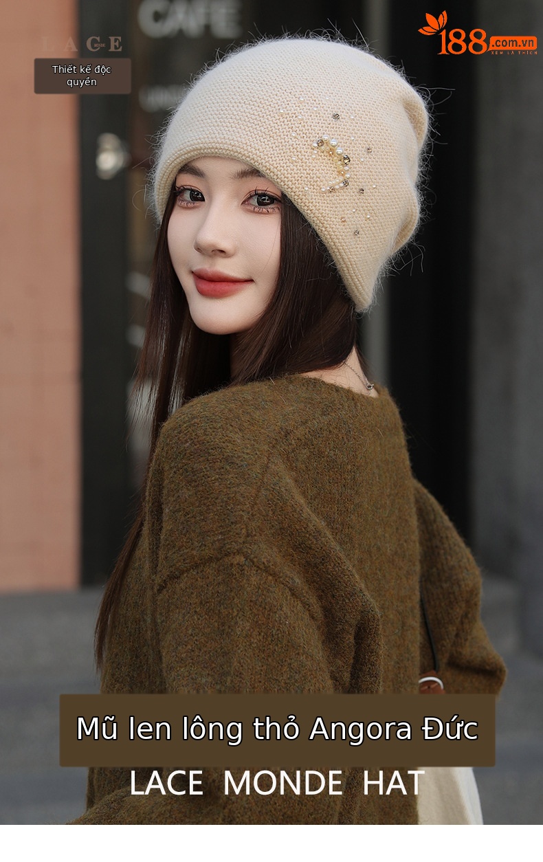 Mũ len beanie nữ lông thỏ thật cao cấp, phối khăn quàng cổ đính ngọc trai kim cương, kiểu chồng đống — nam châm chi tiết 1