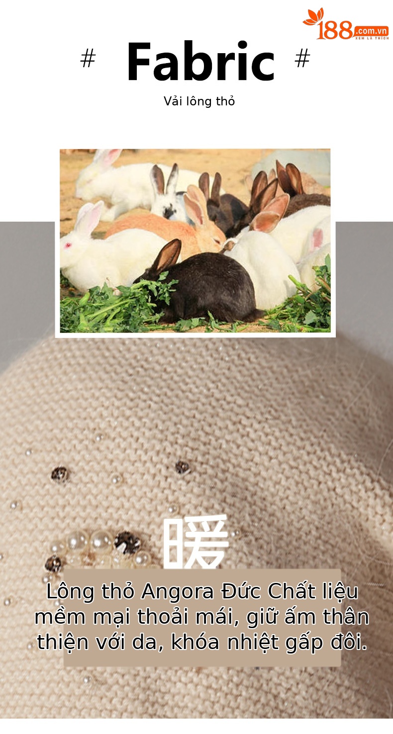 Mũ len beanie nữ lông thỏ thật cao cấp, phối khăn quàng cổ đính ngọc trai kim cương, kiểu chồng đống — nam châm chi tiết 2
