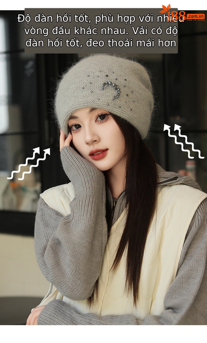 Mũ len beanie nữ lông thỏ thật cao cấp, phối khăn quàng cổ đính ngọc trai kim cương, kiểu chồng đống — nam châm chi tiết 3