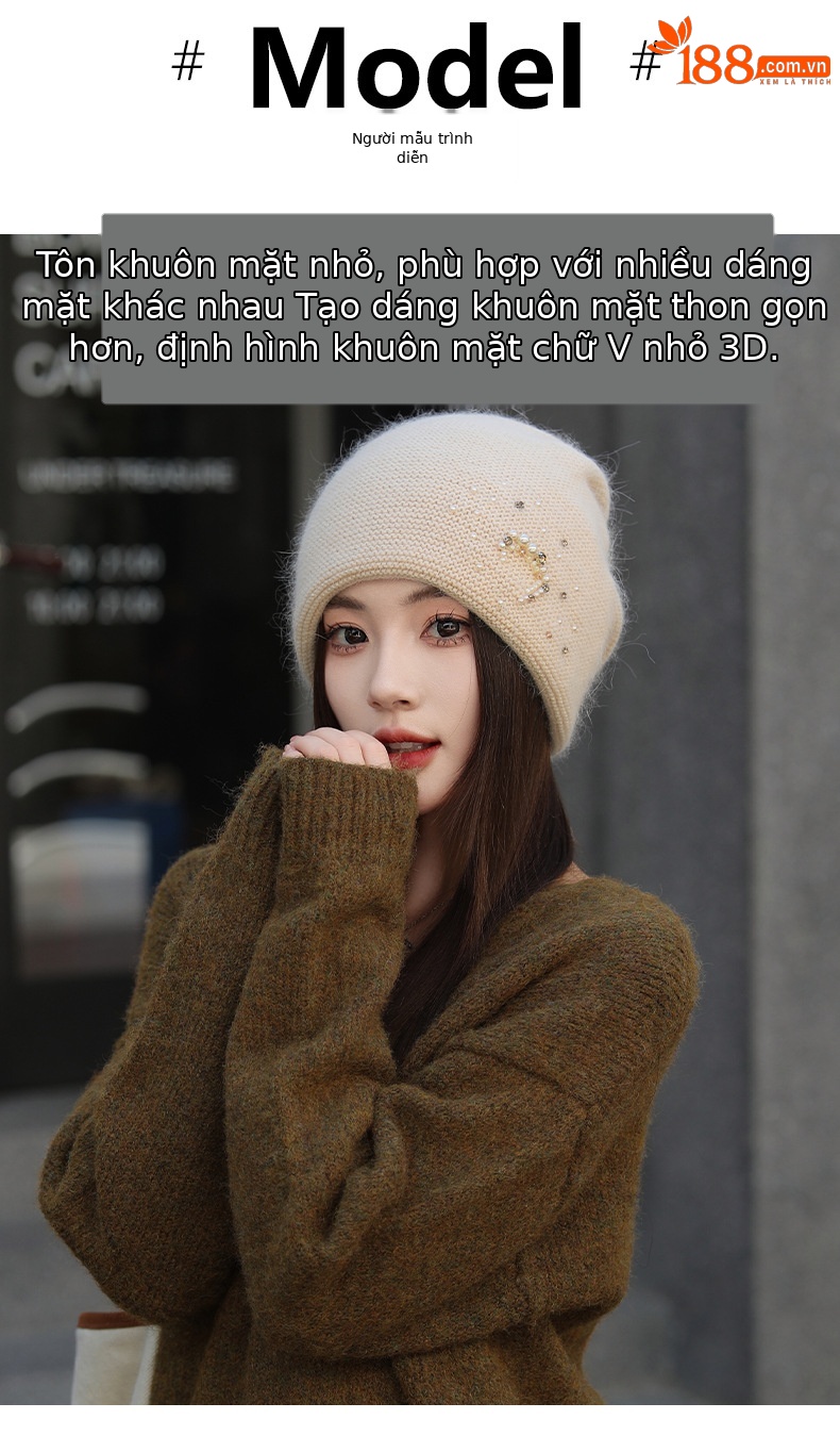 Mũ len beanie nữ lông thỏ thật cao cấp, phối khăn quàng cổ đính ngọc trai kim cương, kiểu chồng đống — nam châm chi tiết 6