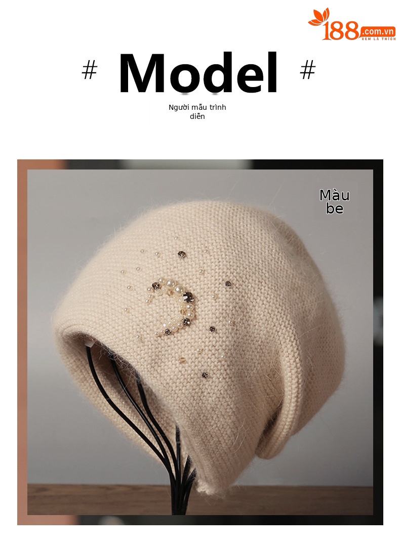Mũ len beanie nữ lông thỏ thật cao cấp, phối khăn quàng cổ đính ngọc trai kim cương, kiểu chồng đống — nam châm chi tiết 8
