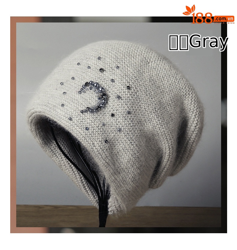 Mũ len beanie nữ lông thỏ thật cao cấp, phối khăn quàng cổ đính ngọc trai kim cương, kiểu chồng đống — nam châm chi tiết 9