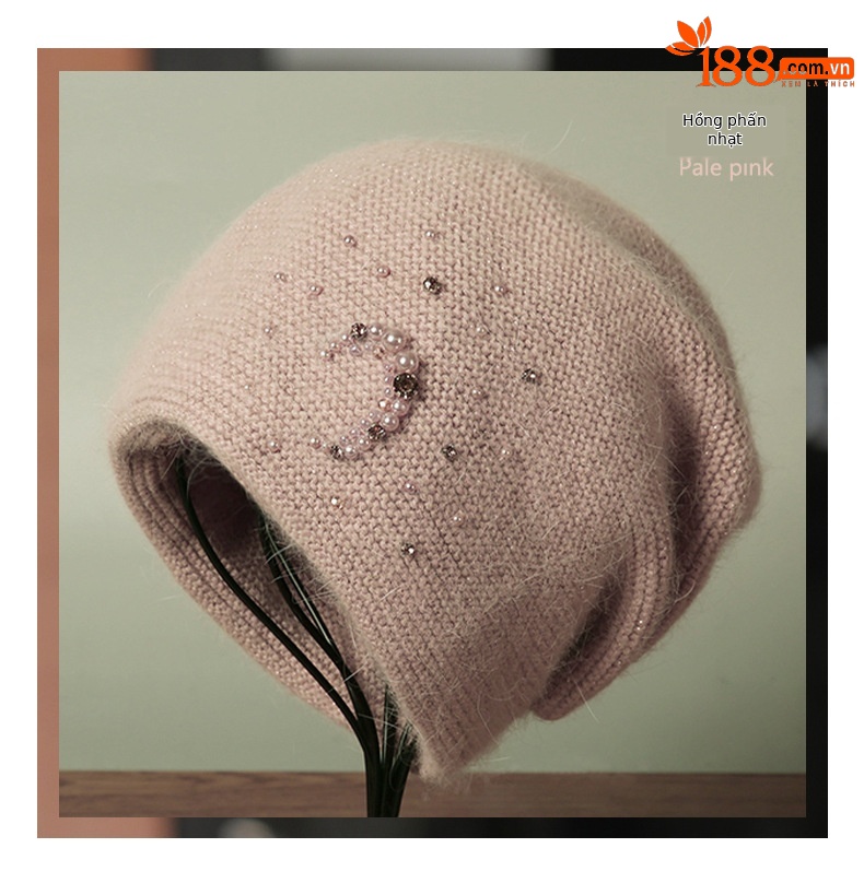 Mũ len beanie nữ lông thỏ thật cao cấp, phối khăn quàng cổ đính ngọc trai kim cương, kiểu chồng đống — nam châm chi tiết 10