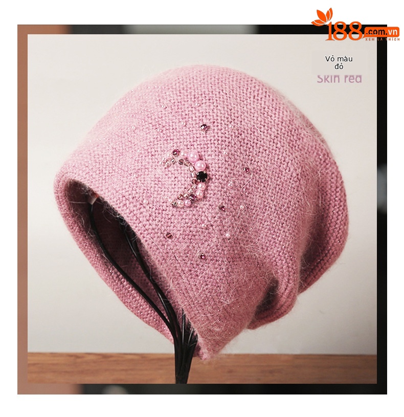 Mũ len beanie nữ lông thỏ thật cao cấp, phối khăn quàng cổ đính ngọc trai kim cương, kiểu chồng đống — nam châm chi tiết 11