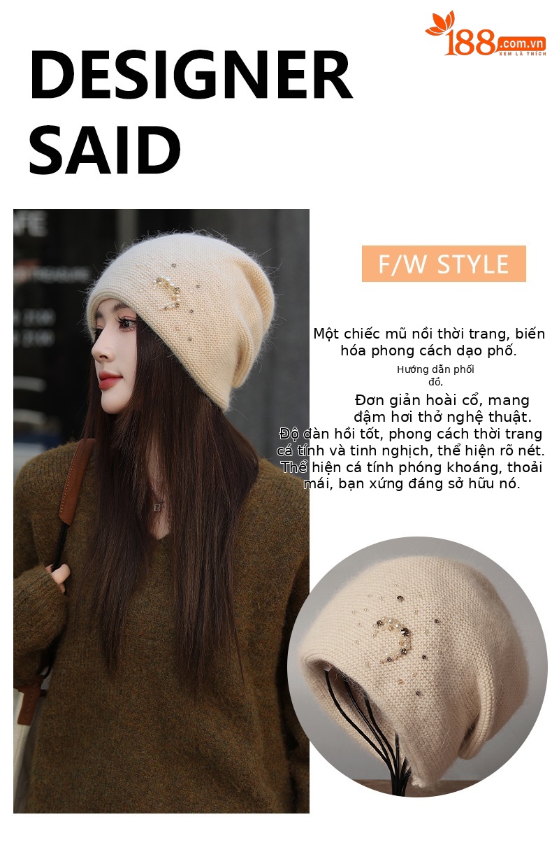 Mũ len beanie nữ lông thỏ thật cao cấp, phối khăn quàng cổ đính ngọc trai kim cương, kiểu chồng đống — nam châm chi tiết 4