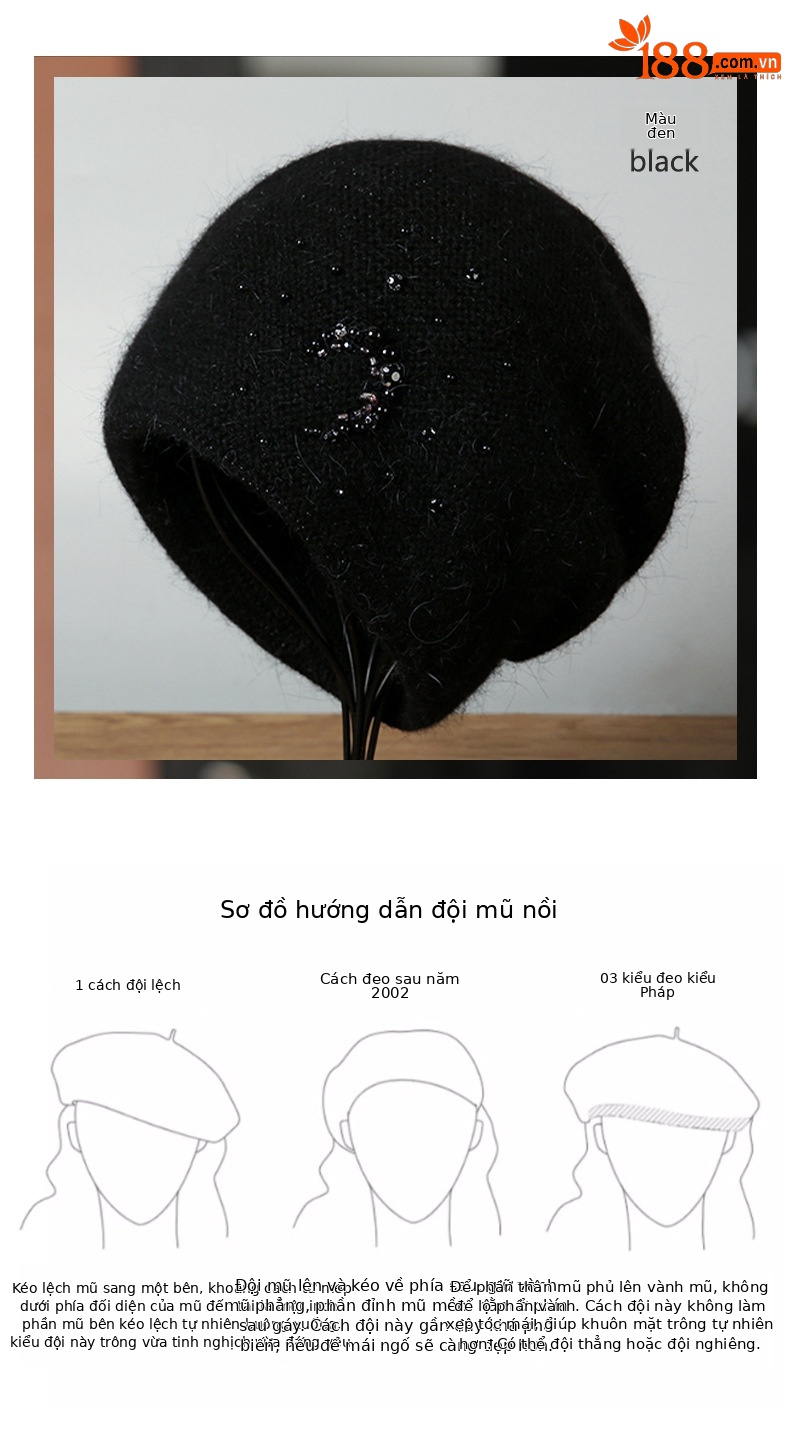 Mũ len beanie nữ lông thỏ thật cao cấp, phối khăn quàng cổ đính ngọc trai kim cương, kiểu chồng đống — nam châm chi tiết 12