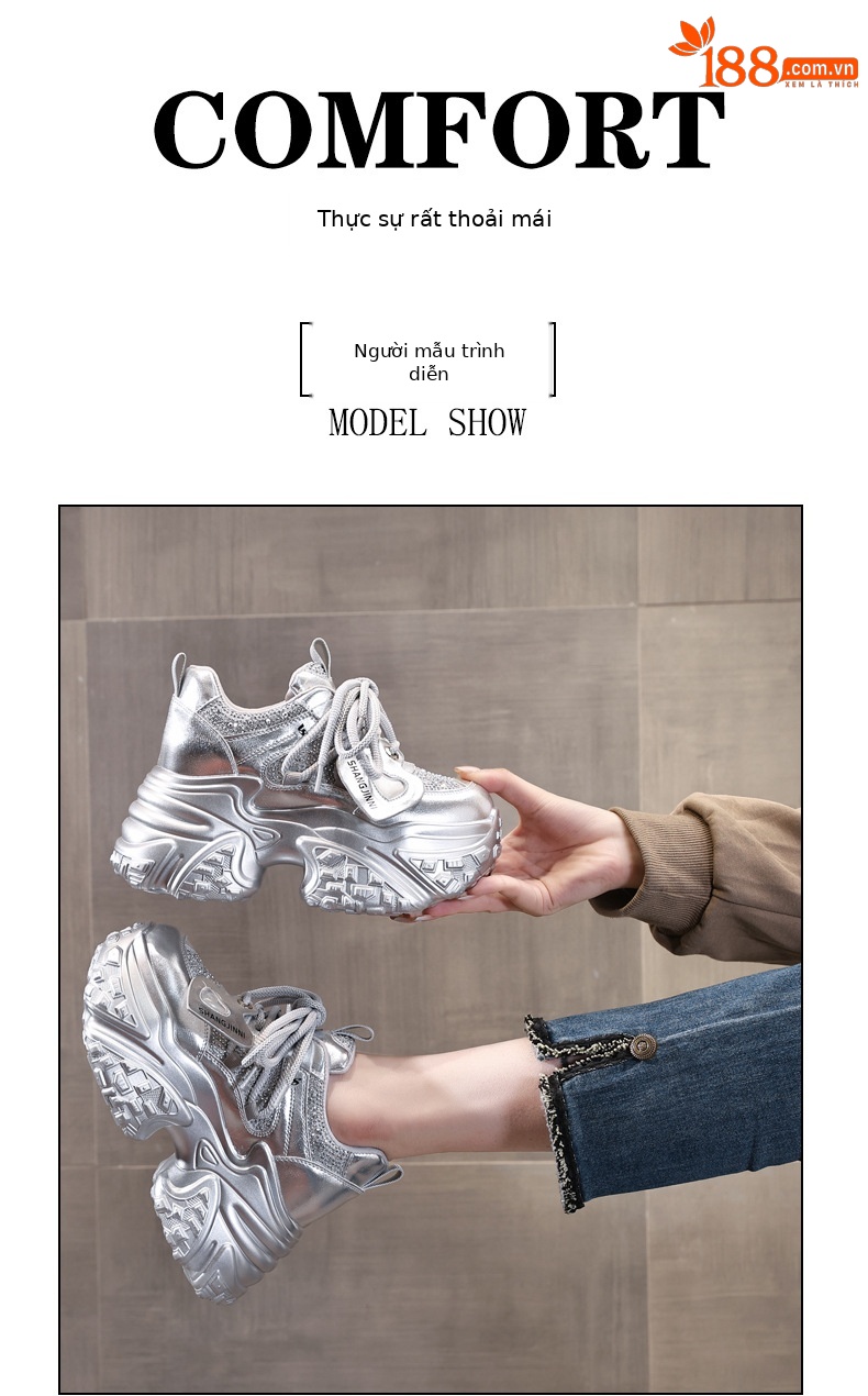 Giày sneaker nữ đế dày tăng chiều cao phong cách bánh xốp — Màu be chi tiết 10