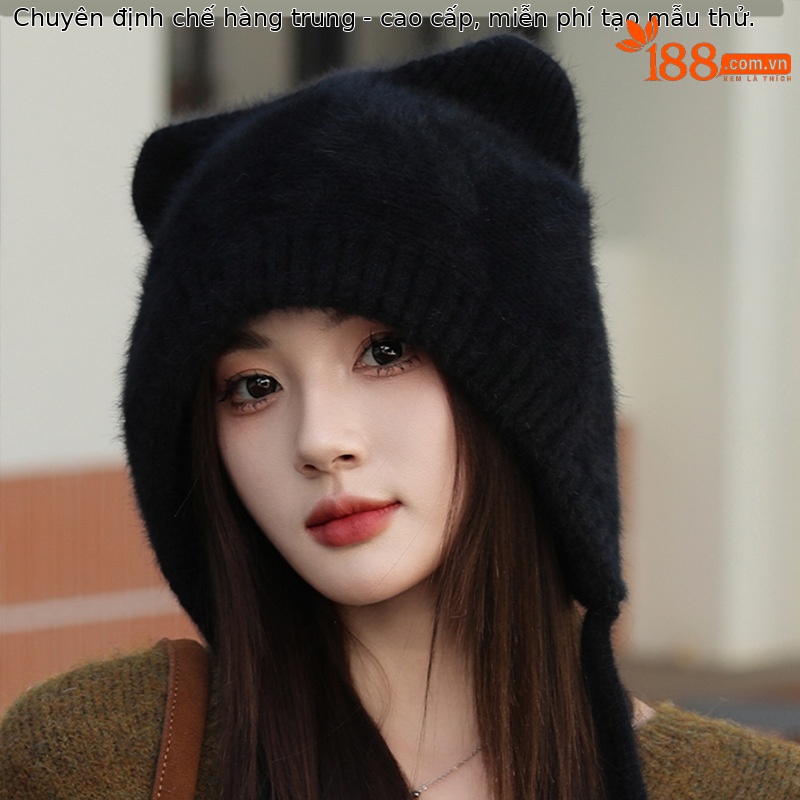Mũ len beanie tai mèo nữ lót lông thỏ ấm áp mùa đông — màu be