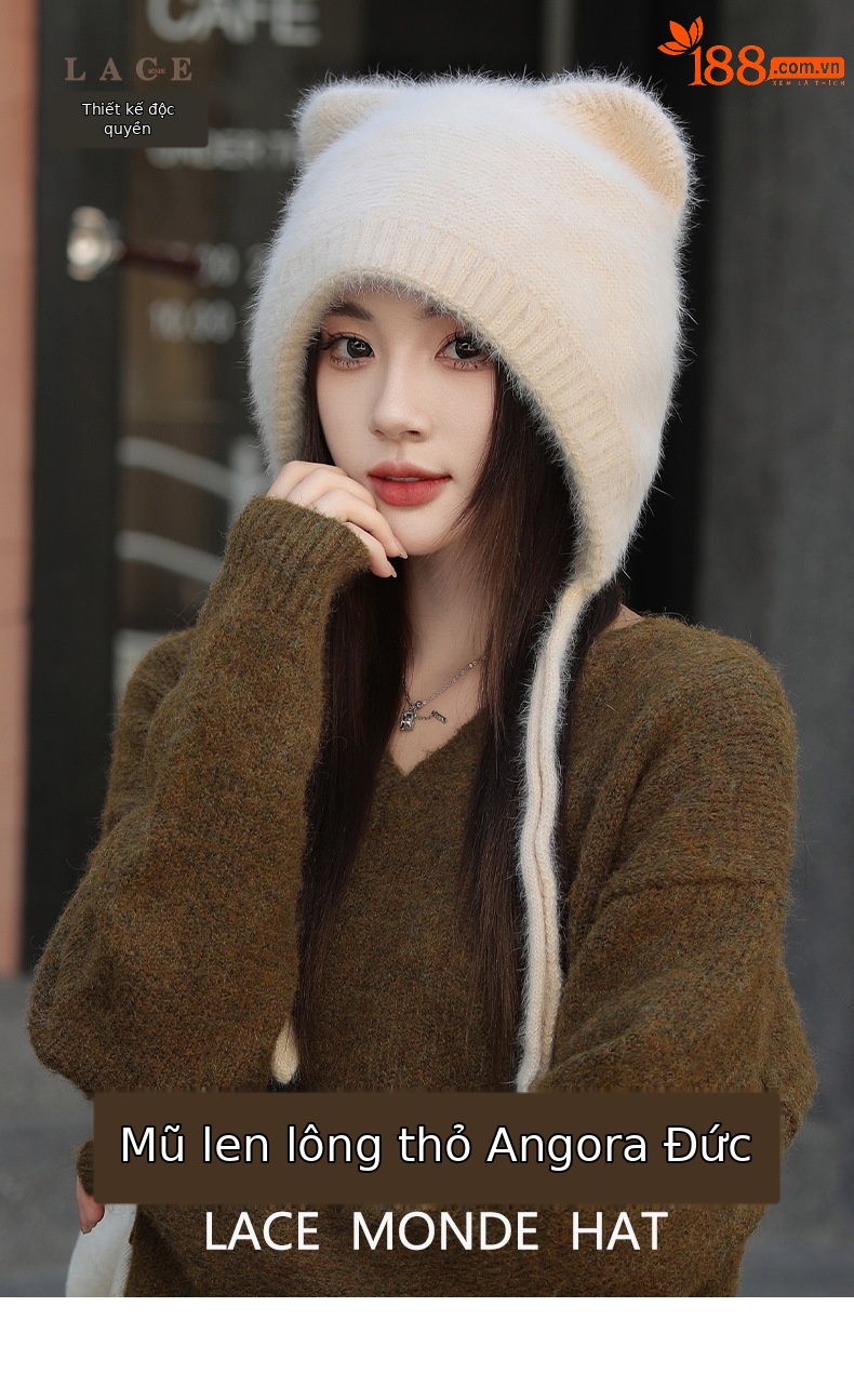 Mũ len beanie tai mèo nữ lót lông thỏ ấm áp mùa đông — màu be chi tiết 2