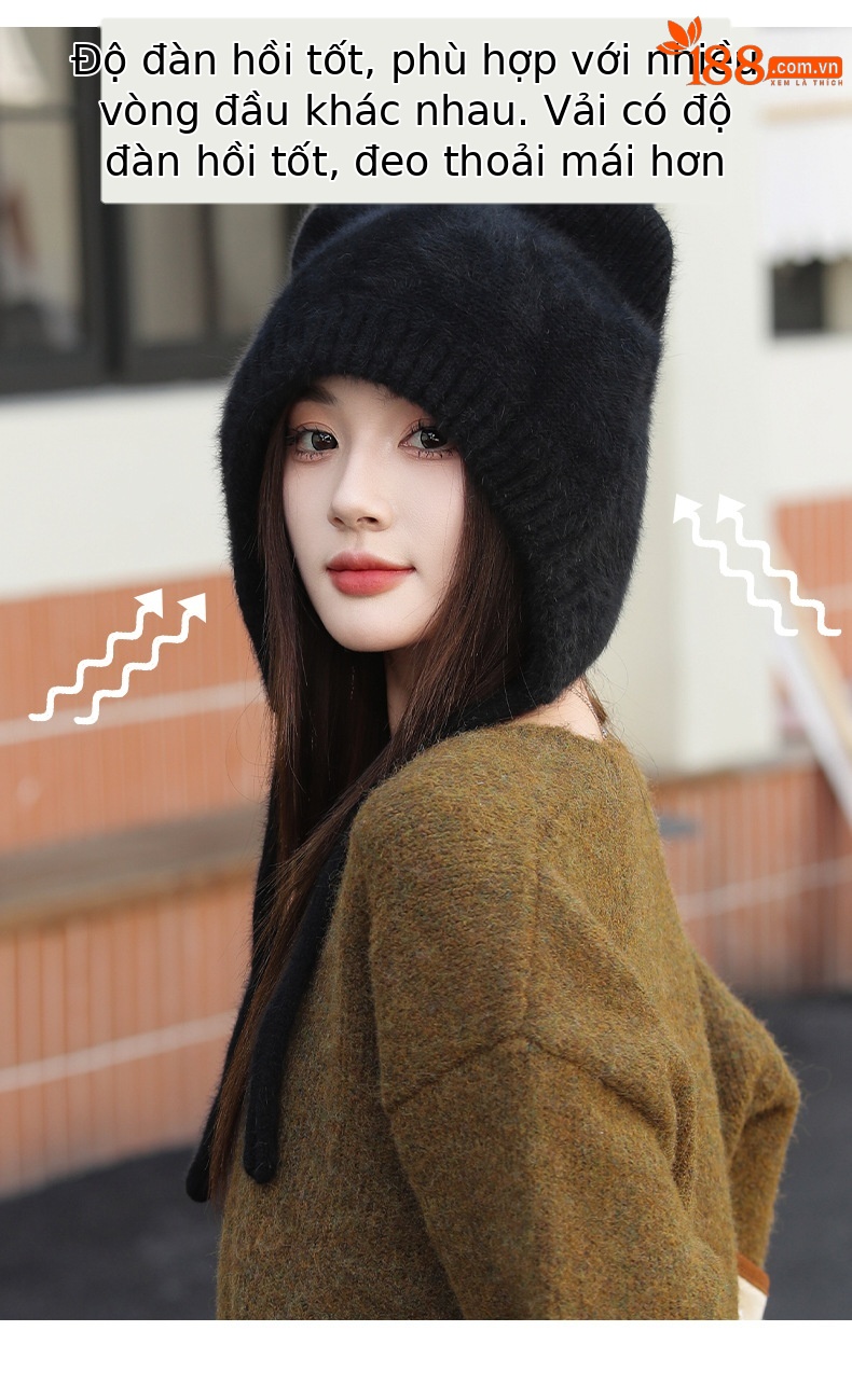 Mũ len beanie tai mèo nữ lót lông thỏ ấm áp mùa đông — màu be chi tiết 4