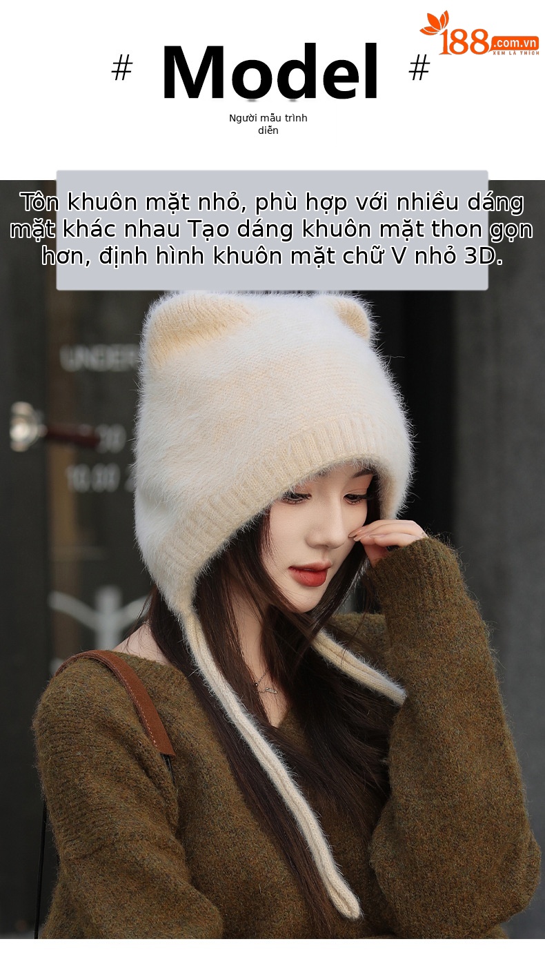 Mũ len beanie tai mèo nữ lót lông thỏ ấm áp mùa đông — màu be chi tiết 7