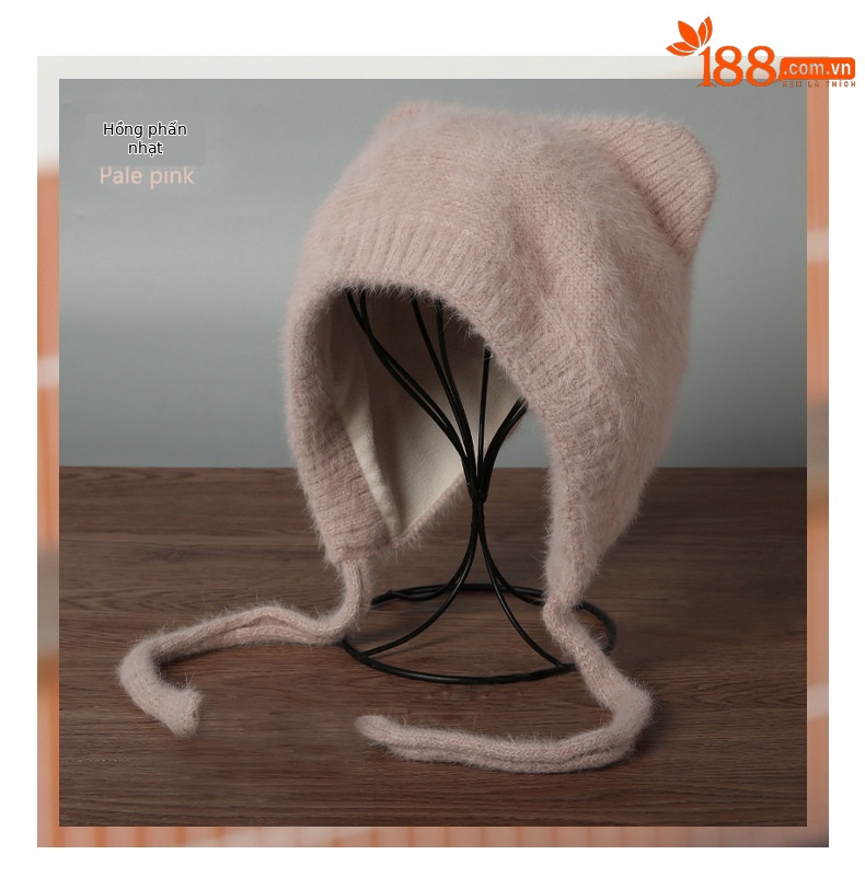 Mũ len beanie tai mèo nữ lót lông thỏ ấm áp mùa đông — màu be chi tiết 12