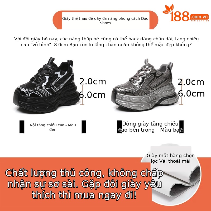 Giày sneaker nữ đế dày tăng chiều cao phối đá rhinestone — Màu đen