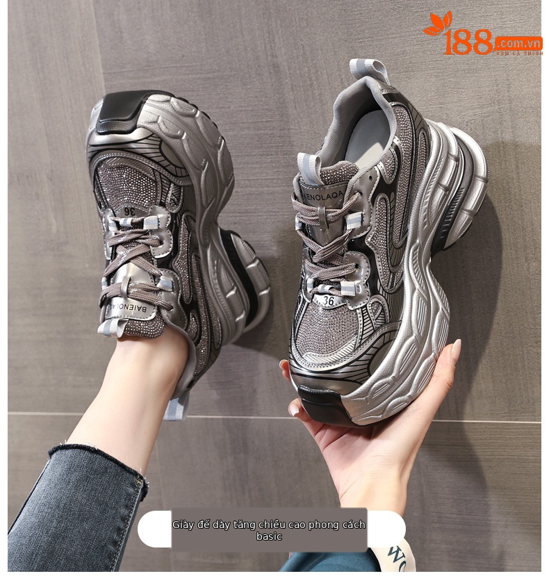 Giày sneaker nữ đế dày tăng chiều cao phối đá rhinestone — Màu đen chi tiết 1