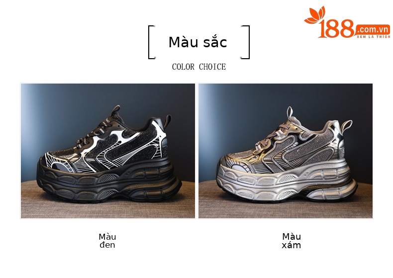 Giày sneaker nữ đế dày tăng chiều cao phối đá rhinestone — Màu đen chi tiết 2