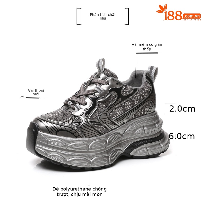 Giày sneaker nữ đế dày tăng chiều cao phối đá rhinestone — Màu đen chi tiết 3