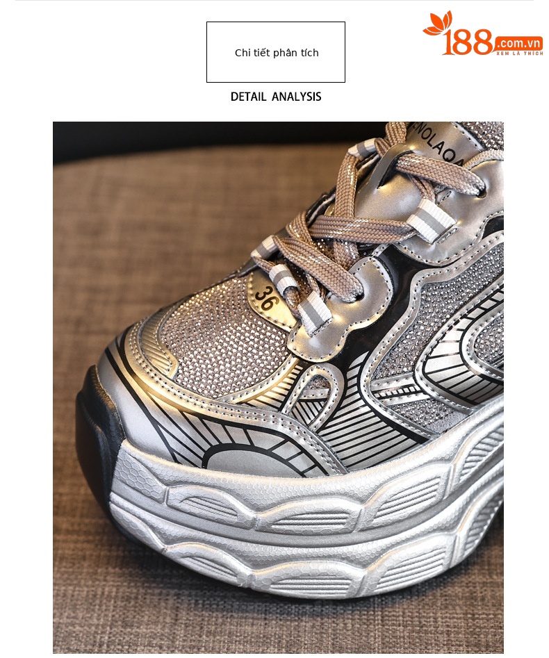 Giày sneaker nữ đế dày tăng chiều cao phối đá rhinestone — Màu đen chi tiết 7