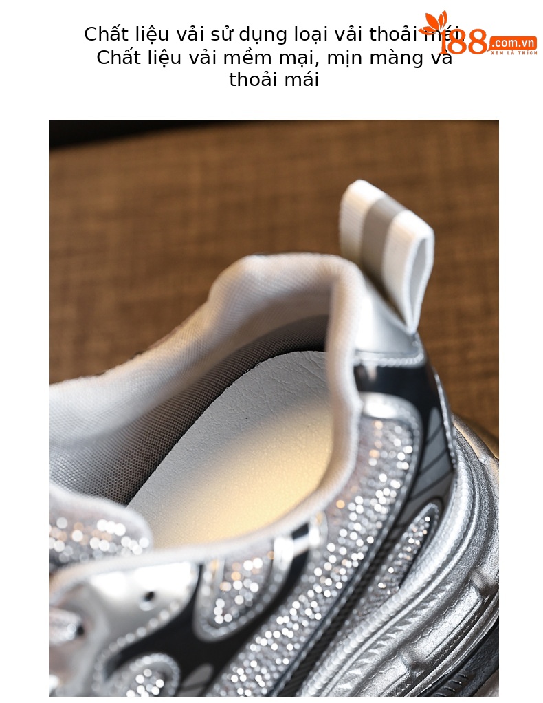 Giày sneaker nữ đế dày tăng chiều cao phối đá rhinestone — Màu đen chi tiết 8