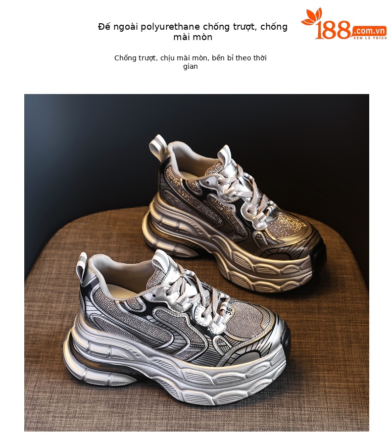 Giày sneaker nữ đế dày tăng chiều cao phối đá rhinestone — Màu đen chi tiết 10